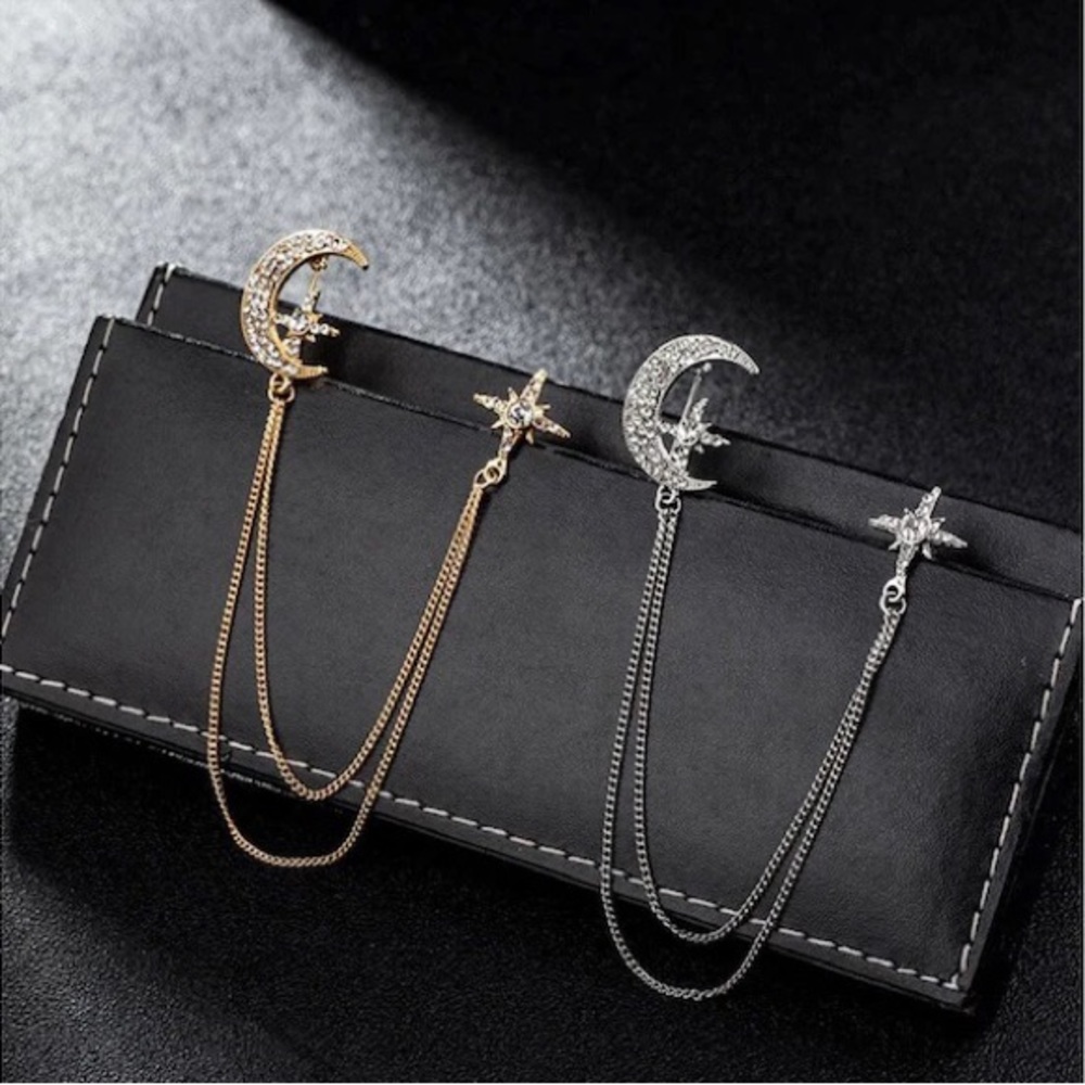 Fashion Rhinestone Star Brooch Pin Crystal Tassel Chain Lapel Pins